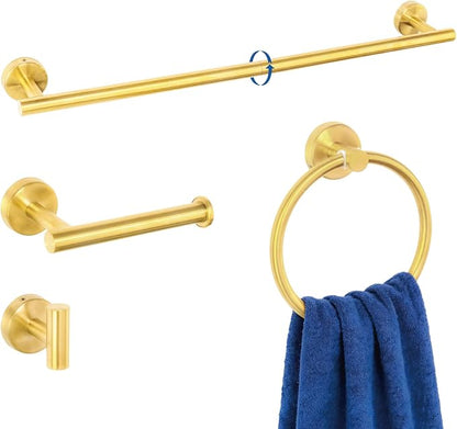 HOMOTEK 4 Pieces Bathroom Accessories Hardware Set, 24 inch Towel Bar, Towel Ring, Robe Hook, Toilet Paper Holder, Stainless Steel Rack Kit Wall Mounted, Gold