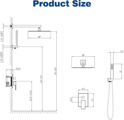 ESNBIA Shower System, 12 Inches Pressure Balance Shower Faucet Set, Rain Shower Heads with Handheld Spray Combo, High Pressure Rainfall Shower Head System, Wall Mounted Shower Fixtures, Brushed Nickel