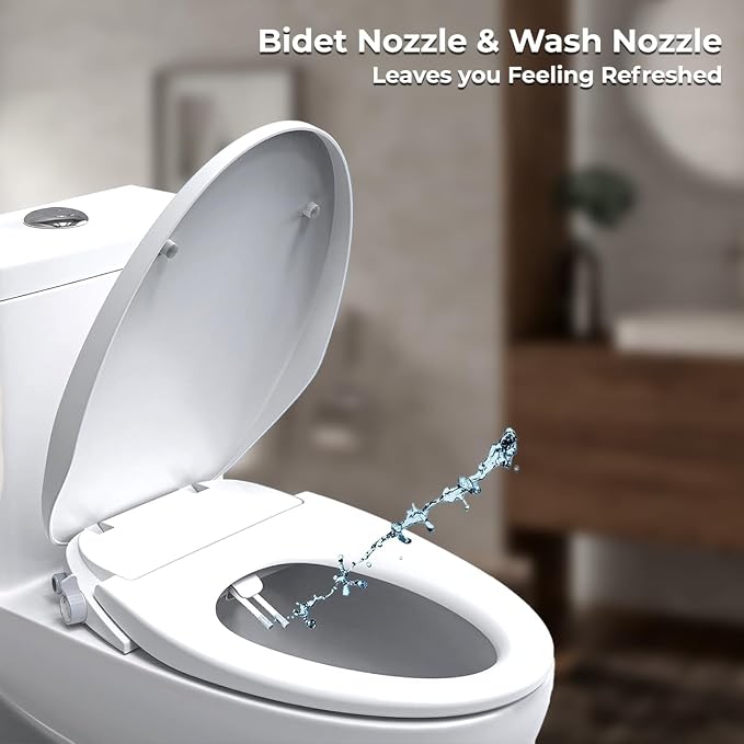 GenieBidet Bidet Toilet Seat Elongated | Fits Your Current Toilet Seat | No Wiring & Easy Install Elongated Bidet | Self Cleaning Dual Nozzles with Rear & Feminine wash | Hybrid T included