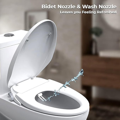 GenieBidet Bidet Toilet Seat Elongated | Fits Your Current Toilet Seat | No Wiring & Easy Install Elongated Bidet | Self Cleaning Dual Nozzles with Rear & Feminine wash | Hybrid T included