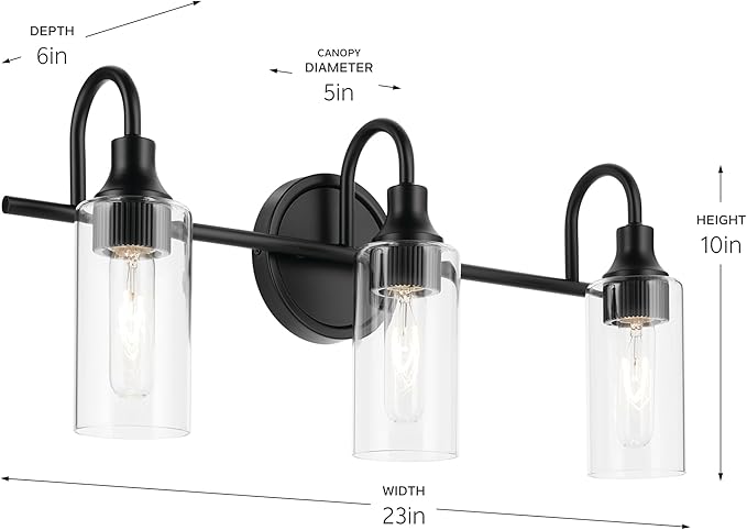 Kichler Kavi 23" 3-Light Vanity Light with Clear Glass in Black, Damp Rated, for Bathroom, Powder Room, Over a Mirror, (23" W x 10" H), 55211BK
