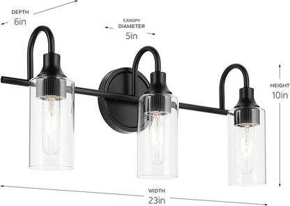 Kichler Kavi 23" 3-Light Vanity Light with Clear Glass in Black, Damp Rated, for Bathroom, Powder Room, Over a Mirror, (23" W x 10" H), 55211BK