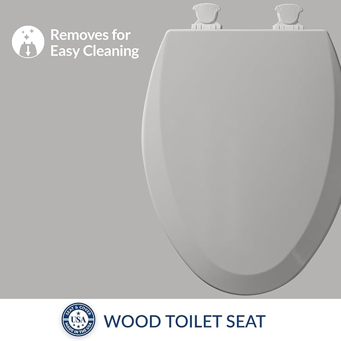 Bemis 1500EC 162 Wood Toilet Seat with Easy Clean & Change Hinges, Elongated, Silver