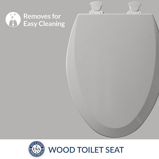 Bemis 1500EC 162 Wood Toilet Seat with Easy Clean & Change Hinges, Elongated, Silver