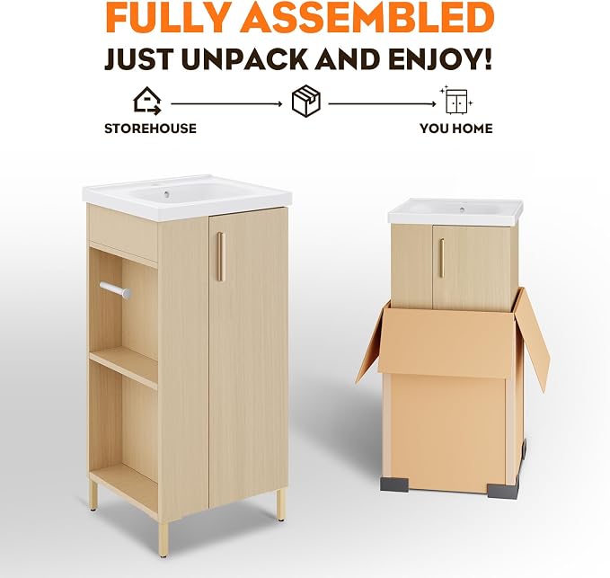 Pre-Assembled 16 Inch Small Bathroom Vanity, Freestanding Oak Bathroom Cabinet with Ceramic Sink, Soft-Close Door, Left Side Storage, No Faucet, BV05-16-OAK-PLUS