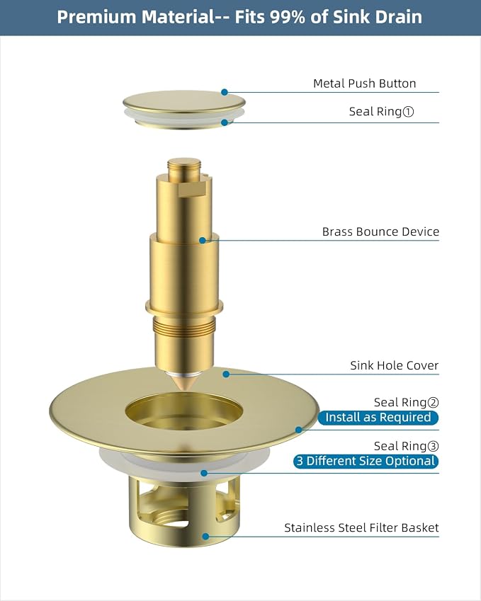 Hibbent All Metal Universal Bathroom Sink Stopper for 1.1''~2.3'' Basin, Pop Up Sink Drain Strainer, Brass Bullet Core Push Type Stopper, Stainless Steel Anti Clogging Drain Filter, Brushed Gold