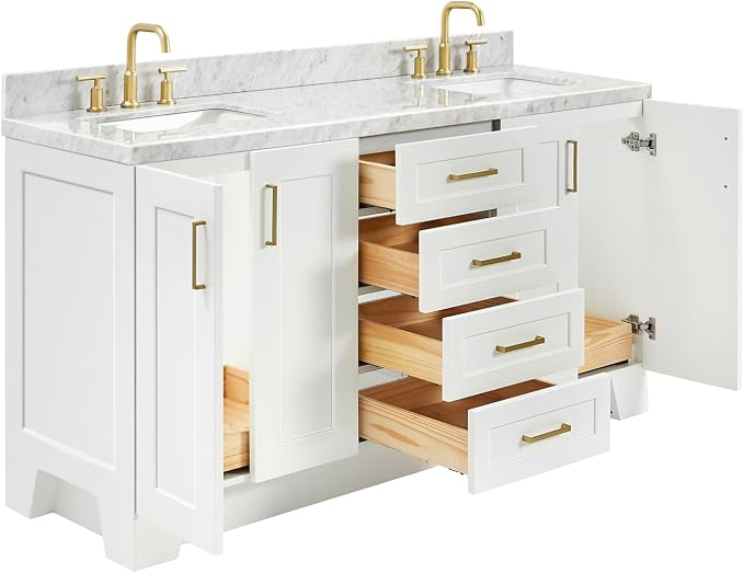 Emilia 66" White Double Bathroom Vanity, 1.5" Edge Italian Carrara Marble Countertop, Rectangular Sinks, 4 Soft Closing Doors, 6 Full Extension Dovetail Drawers, Satin Brass