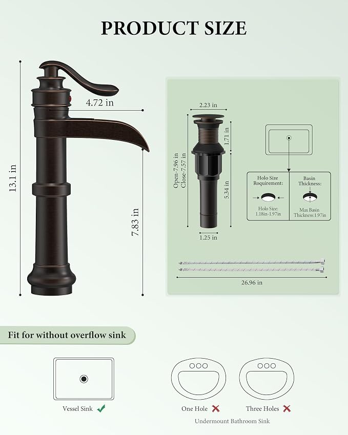 Homevacious Oil Rubbed Bronze Waterfall Vessel Sink Tall Black | Single Handle Bath Basin Farmhouse with Pop Up Drain Assembly Lavatory One Hole Mixer Tap Without Overflow