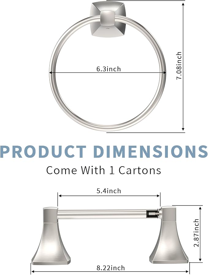 Bathroom Hardware Set 2 Pieces Toilet Paper Holder and Towel Ring Wall Mounted Stainless Steel and Zinc Alloy Brushed Nickel
