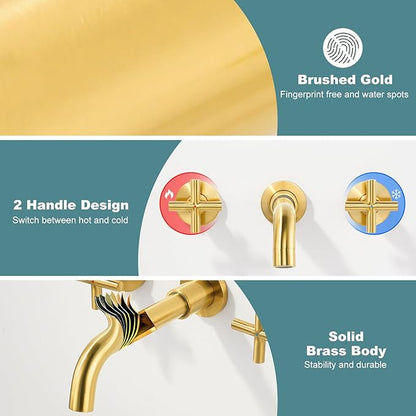 ARCORA Wall Mount Bathroom Faucet, Brushed Gold Bathroom Sink Faucet, 2 Handle Wall Mount Vessel Sink Faucet Rough in Brass Valve Included