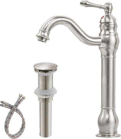BWE 360°Swivel Bathroom Vessel Sink Faucet Brushed Nickel Single Handle One Hole Lavatory Mixer Tap with Pop Up Drain Assembly Without Overflow and Supply Line Tap Body
