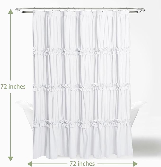 Farmhouse Ruffle Shower Curtain, White, 72 x 72 in | Decorative Elegant Bathroom Curtain with 12 Holes, Soft Ruched Microfiber Fabric, Vintage Handmade Design