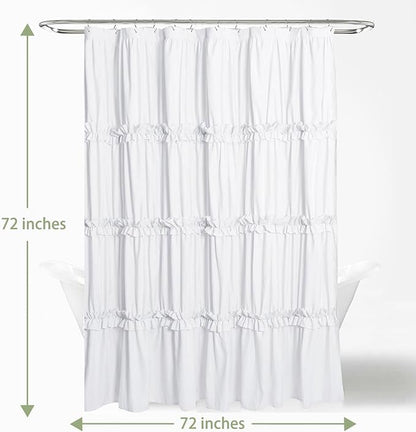 Farmhouse Ruffle Shower Curtain, White, 72 x 72 in | Decorative Elegant Bathroom Curtain with 12 Holes, Soft Ruched Microfiber Fabric, Vintage Handmade Design