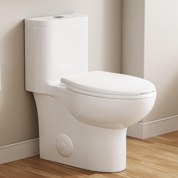 Sonderzone Elongated One Piece Toilet for Bathroom, Modern 17.3" ADA Comfort Height Design, Soft Closing Seat, High Efficiency Dual Flush (1.1/1.6 GPF), 12" Rough-In, MAP 1000g, White Toilet Bowl