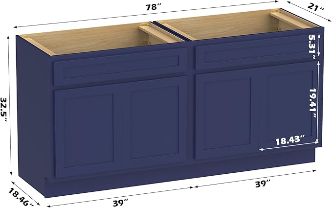 Vanity Art 78 Inch Bathroom Base Cabinet Only, Double Sink Top (Not Include Sink) with Door & Soft Close Hinge, Unassembled Floor Cabinet, Blue, 2ea 39 Inch Combo