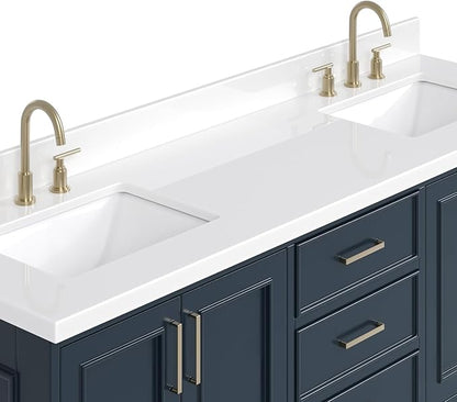 ARIEL Stafford 72-inch Bathroom Vanity with Sink,Solid Wood, 1.5-inch Pure White Quartz Countertop, Double Rectangular Porcelain Sink, 4 Soft Closing Doors, 6 Dovetail Drawers, Midnight Blue