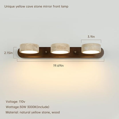Wood Farmhouse Bathroom Vanity Light,Natural Stone Travertines Walnut Wall Lamp 3 Lights Travertine Shade Wabi Sabi Lamp, Linear Bathroom Vanity Lighting Rotatable 30W LED Wall Fixture Over Mirror