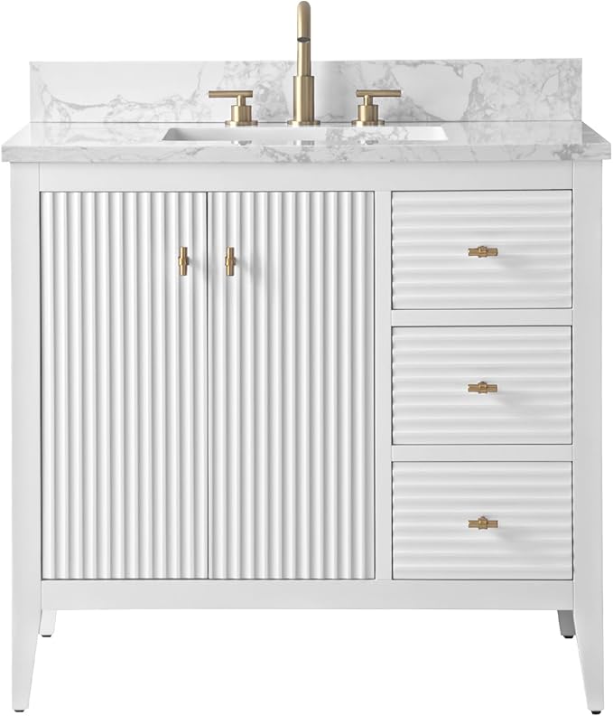 HOMEBEYOND 36" Bathroom Vanity with Sink, Solid Wood Bathroom Vanity Free-Standing Cabinet, Drawers, Ceramic Top & Soft Closing Door, Golden Brushed Handware, White