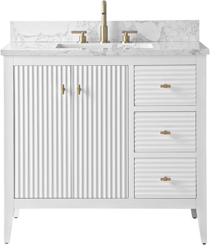 HOMEBEYOND 36" Bathroom Vanity with Sink, Solid Wood Bathroom Vanity Free-Standing Cabinet, Drawers, Ceramic Top & Soft Closing Door, Golden Brushed Handware, White