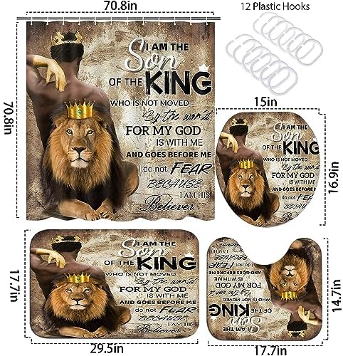 4Pcs Lion King Shower Curtain Set, Fathers Day Inspirational Black Man Bathroom Decor Shower Curtains and Rugs Toilet Lid Cover Bath Mat, Waterproof Africa American Shower Curtain for Man