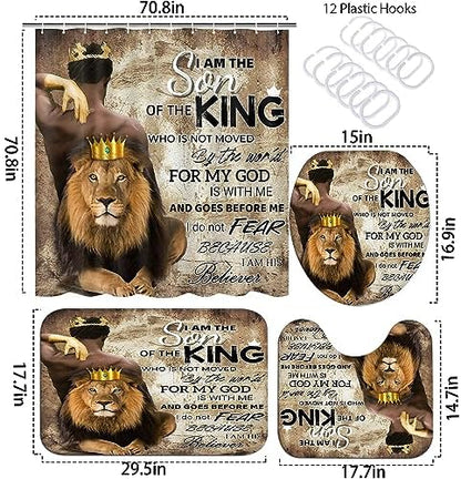 4Pcs Lion King Shower Curtain Set, Fathers Day Inspirational Black Man Bathroom Decor Shower Curtains and Rugs Toilet Lid Cover Bath Mat, Waterproof Africa American Shower Curtain for Man