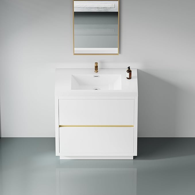 36 Inch Bathroom Vanity with Sink, Single Sink Bathroom Vanity, Freestanding Vanity Bathroom Soft Closed 2 Drawers, Integrated Sink (Glossy White)