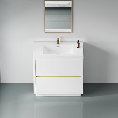 36 Inch Bathroom Vanity with Sink, Single Sink Bathroom Vanity, Freestanding Vanity Bathroom Soft Closed 2 Drawers, Integrated Sink (Glossy White)