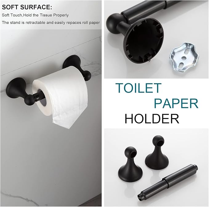BGL Bathroom Accessory Set, Matte Black Adjustable Expandable Towel Bar 4-Piece Bathroom Hardware Set Wall Mounted Robe Hook Toilet Paper Holder Towel Ring Towel Bar