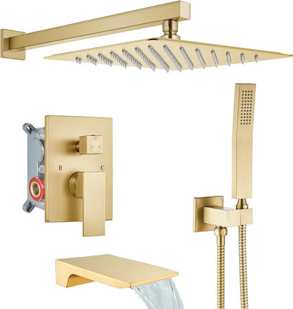gotonovo Tub Shower Faucet Set with Valve 10'' Rain Head,Brushed Gold | Waterfall Tub Spout Shower System,Bathtub Faucet Set,SUS304 Rain Head with Handheld,Brass Valve Trim Kit,All Metal,Wall Mount