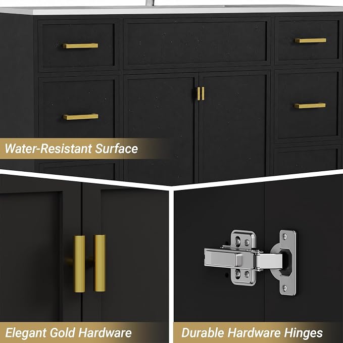 48 Inch Freestanding Bathroom Vanity with Sink, Shaker Style Black Double Sink Cabinet with 6 Drawers & Double Doors, Waterproof Lacquer Finish, Large Storage for Master Bathroom & Family Home