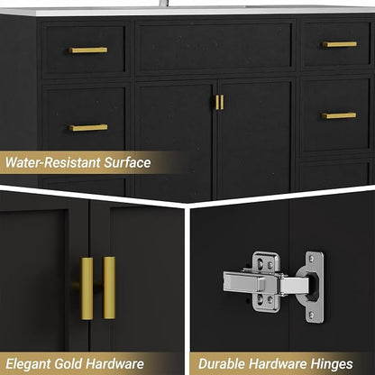 48 Inch Freestanding Bathroom Vanity with Sink, Shaker Style Black Double Sink Cabinet with 6 Drawers & Double Doors, Waterproof Lacquer Finish, Large Storage for Master Bathroom & Family Home