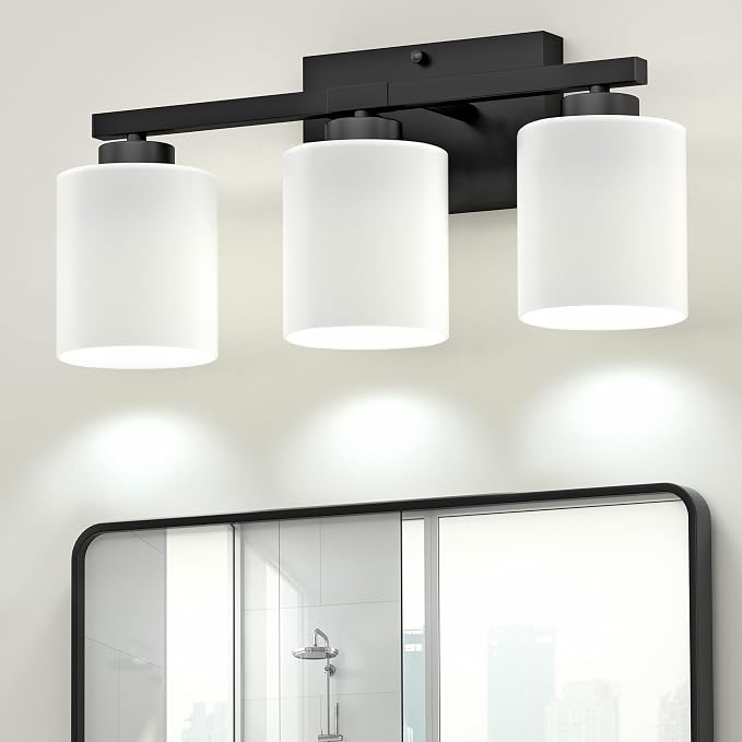 Honesorn Bathroom Light Fixtures Black, 3-Light Vanity Lights Over Mirror | Modern Bathroom Vanity Light, Frosted Shades, Bathroom Lights Over Mirror, E26 Socket (Bulbs Not Included)
