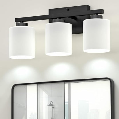 Honesorn Bathroom Light Fixtures Black, 3-Light Vanity Lights Over Mirror | Modern Bathroom Vanity Light, Frosted Shades, Bathroom Lights Over Mirror, E26 Socket (Bulbs Not Included)