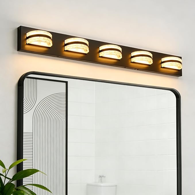 LED Bathroom Vanity Light, 360°Rotatable, 2560LM 5 Light, Black Modern Matte Bathroom Lighting Fixtures, Over Mirror Vanity Lights for Bedroom, Living Room ETL Certified