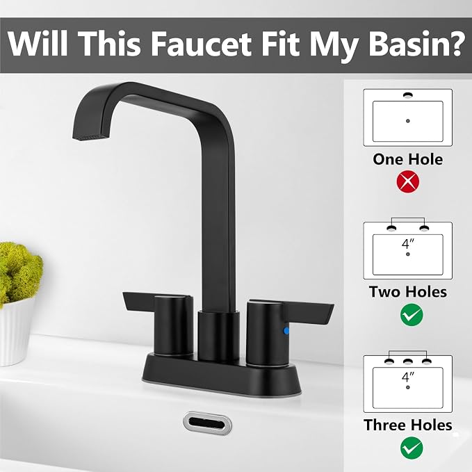Matte Black Waterfall Bathroom Faucet 4 Inch Centerset,2-Handle | Stainless Steel 3-Hole Deck-Mount Design Includes Supply Lines and Pop-Up Drain for a Complete Vanity Installation