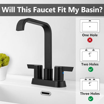 Matte Black Waterfall Bathroom Faucet 4 Inch Centerset,2-Handle | Stainless Steel 3-Hole Deck-Mount Design Includes Supply Lines and Pop-Up Drain for a Complete Vanity Installation