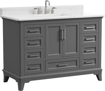 48 Inch Fully Assembled Bathroom Vanity with Sink, Grey | Solid Wood, Quartz Top & Backsplash, Soft-Close Doors, Dovetail Drawers, Large Storage, Modern Farmhouse Bath Upgrade