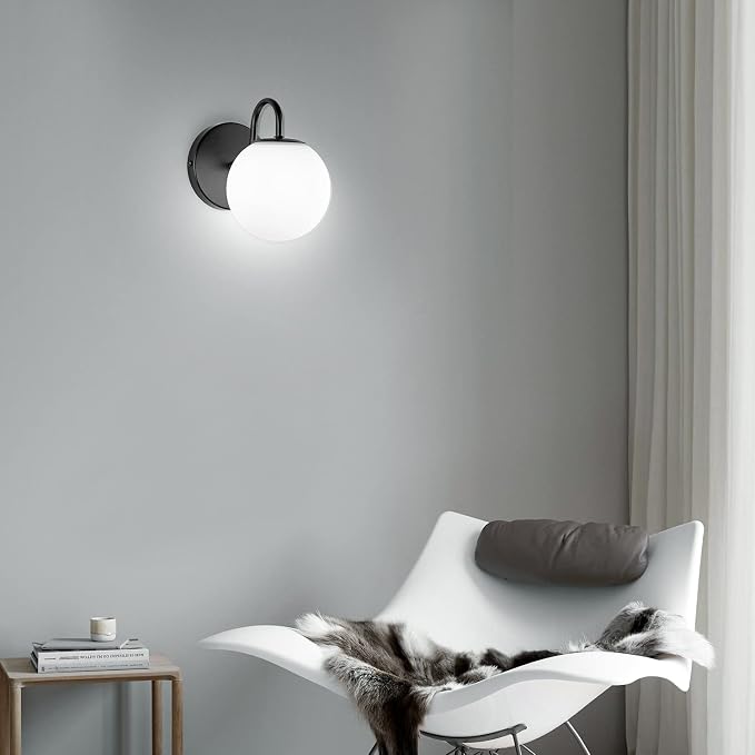 Industrial Bedroom Wall Sconce Black Indoor Wall Light Fixture Milk White Globe Glass Wall Lamp for Bathroom Kitchen Living Room Vanity Hallway (Exclude Bulb)