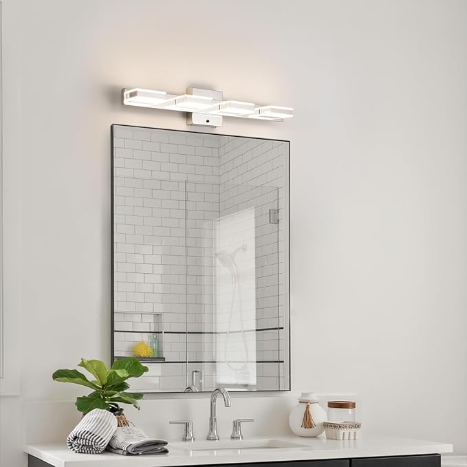 mirrea 24" 4 Light 3CCT LED Chrome Bathroom Vanity Light Fixture | Over Mirror,Bathroom Light Fixture,3000K/4000K/5000K ,Dimmable,Rust-resistant,Moisture-resistant,Acrylic shade