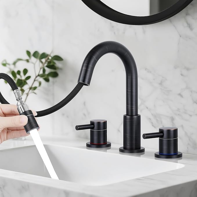 Pull-Down Bathroom Faucet 3 Hole 8 Inch with Pop-Up Drain,Oil Rubbed Bronze | 360° Swivel Spoutr & Dual Modes,8" Widespread 2-Handle, Pop-Up Drain & 10-Min Install for 3-Hole Bathroom Sink Faucets.