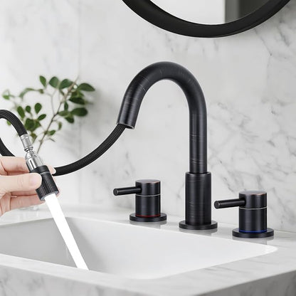 Pull-Down Bathroom Faucet 3 Hole 8 Inch with Pop-Up Drain,Oil Rubbed Bronze | 360° Swivel Spoutr & Dual Modes,8" Widespread 2-Handle, Pop-Up Drain & 10-Min Install for 3-Hole Bathroom Sink Faucets.