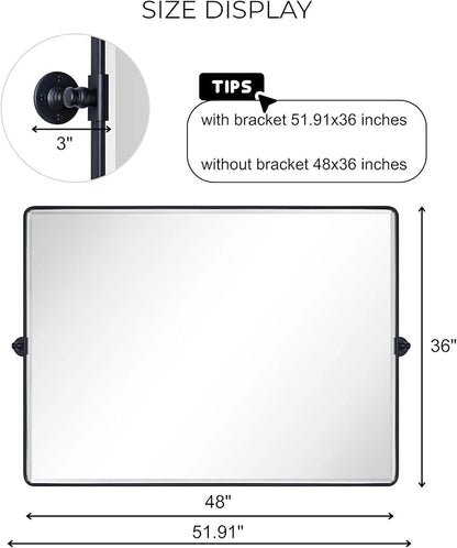 TEHOME Matt Black Horizontal Pivoting Bathroom Vanity Mirror Large Black Metal Framed Rectangle Tilting Beveled Vanity Mirrors for Wall, Overall 51.91 x 36 inches (Mirrror 48 x 36 inches)