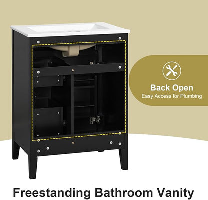 Merax 24 Inch Bathroom Vanities with Undermount Ceramic Sink, Tip-Over Drawer and Side Drawers, Soft Closing Door with Shelf, Solid Wood Frame, Black