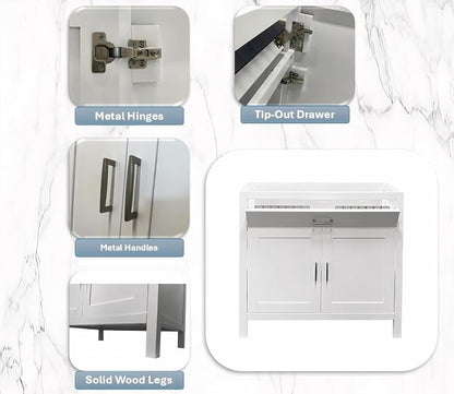 24" White Bathroom Vanity Base Only – Freestanding Solid Wood Sink Cabinet with Tip-Out Drawer, Shaker Style Storage, No Top or Sink, 36" W x 21" D x 34.5" H