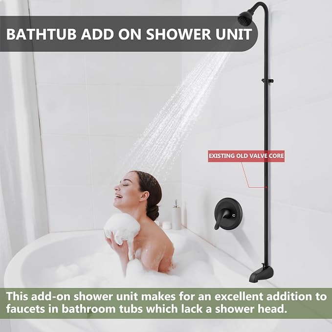 Tub Shower Conversion Kit with Riser and Shower Head, Matte Black | 70-Inch SUS304 Shower Riser, 360° Swivel Head, Diverter Tub Spout, Wall Mount