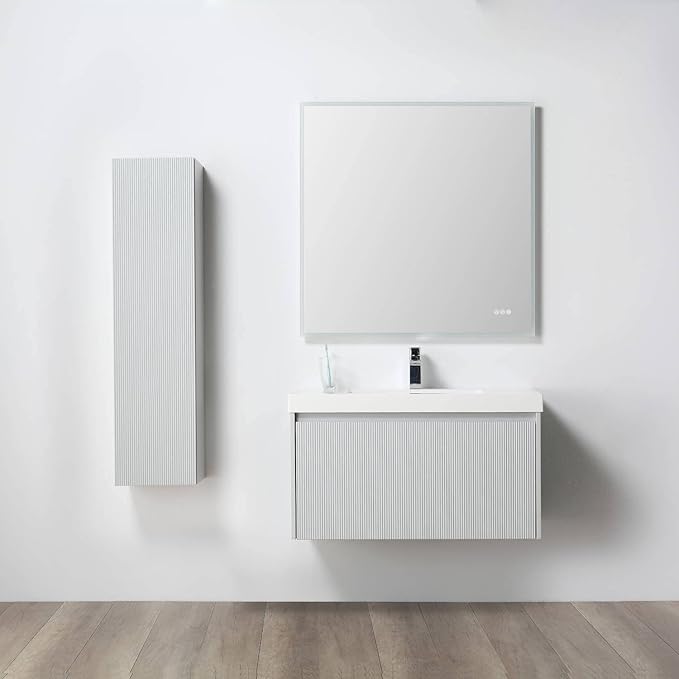 Blossom 36 Inch Bathroom Vanity with Sink and Side Cabinet, All Wood Floating Bathroom Vanity with Acrylic Sink, Bathroom Sink Cabinet with Soft-Close Drawer, Modern Style Vanities, Light Grey