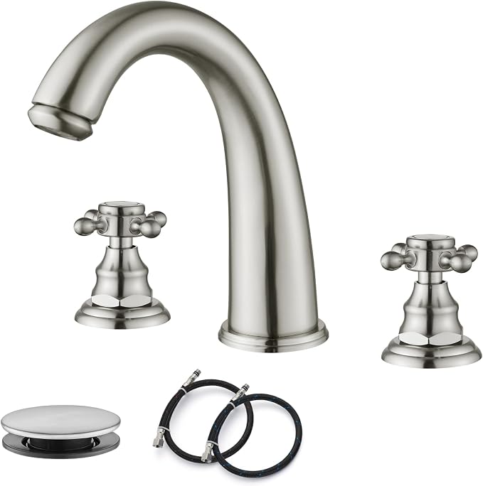gotonovo Widespread Bathroom Sink Faucet 3 Hole Brushed Nickel,No Label | Vintage 8’’ Bathroom Faucet,2 Cross Handle,6-16’’ Sink,Vanity,RV,Farmhouse,SUS304,24’’ cUPC Hose,Pop Up Drain,Deck Mount