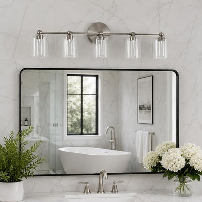 Brushed Nickel Vanity Light with 3 Color Modes, Eye Protection LED Bathroom Light Fixtures, Dimmable Modern Wall Light Over Mirror with Clear Glass Shade (Brushed Nickel, 5-Light)