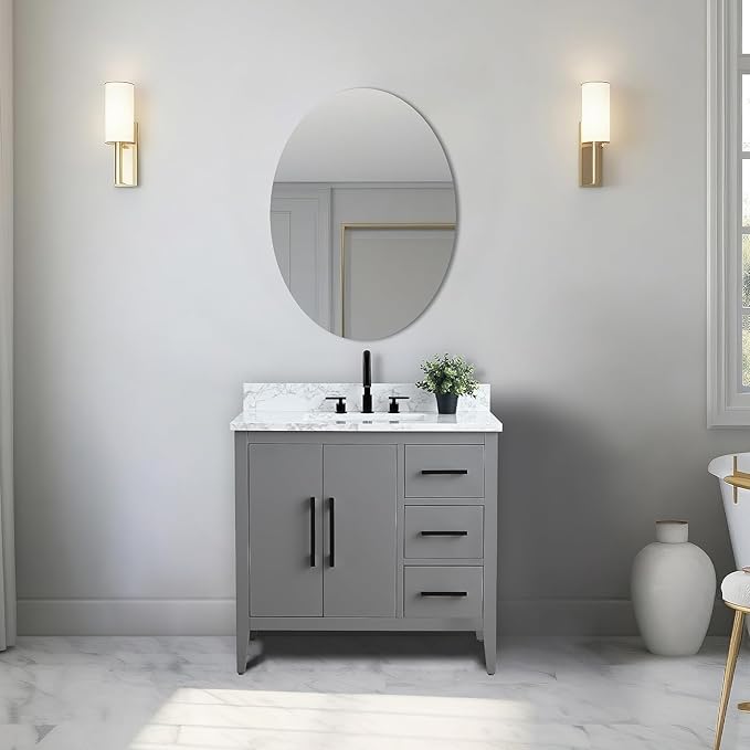 Vanity Art 36 inch Bathroom Vanity with Single Sink & Ceramic Top, Vanity Cabinet with Soft-Closing Doors, Drawers, Solid Wood Frame, Cashmere Gray, VA9036-G-MB1