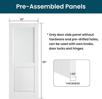 SMARTSTANDARD 30" x 80" Frosted Glass Interior Door Slab, Solid Core | Pre-Assembled French Slab Door for Pantry Laundry Closet Bathroom, without Hardware, White Primed, Paintable Surface